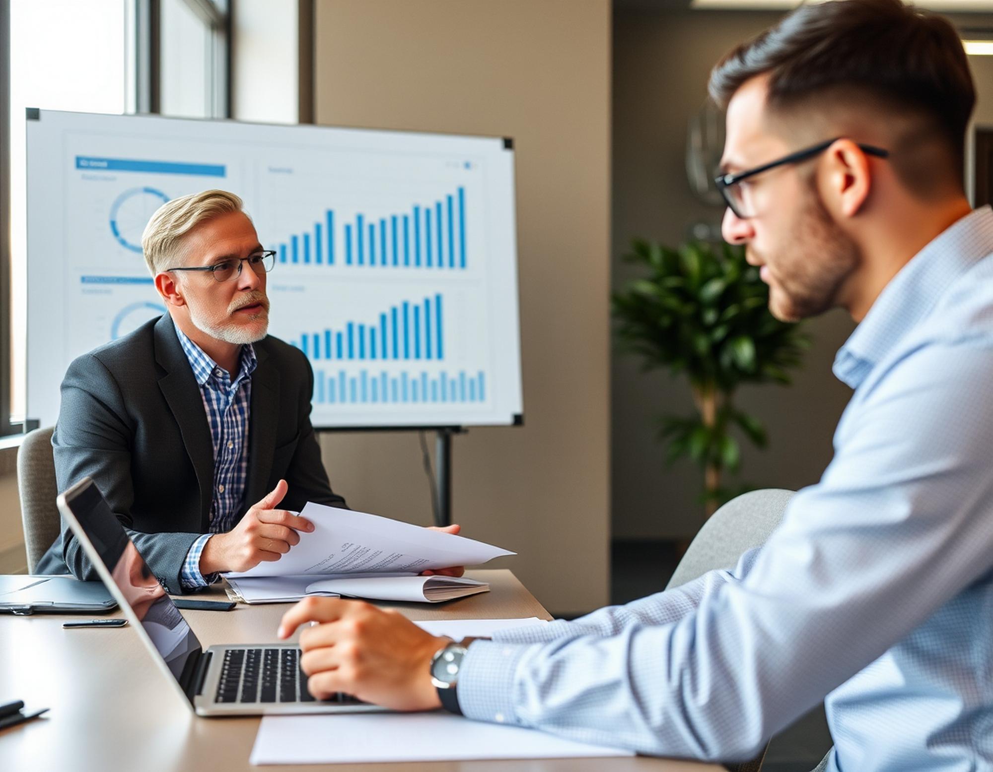 Profissional de consultoria empresarial realizando diagnóstico e planejamento de negócios